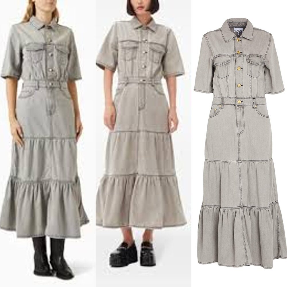 GANNI Tiered Denim Maxi Dress Gray Size 40 (EU 40 / US 8) NWT - Picture 12 of 12